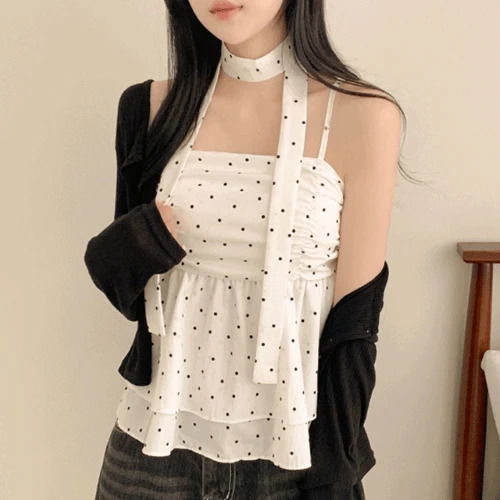 Mundt Dot Shirring Frill Tie Sleeveless Blouse