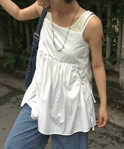 方領抓褶口袋分層設計無袖洋裝