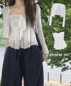 Atta Ribbon Sleeveless Blouse Cardigan Two Piece Tee