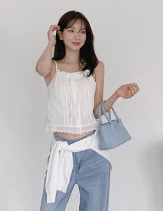 Lace pin tuck ribbon strap blouse