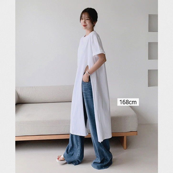 One-side cut short-sleeved long layered t-shirt
