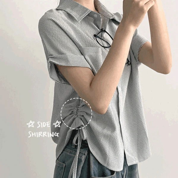 Ritu Seersucker Side Shirring String Collar Neck Shirt Shirt