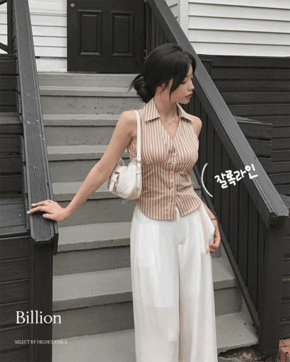 빌리온 셔츠카라 홀터브이넥 단추 셔링 허리잘록 굴림 몸매보정 민소매 나시 셔츠