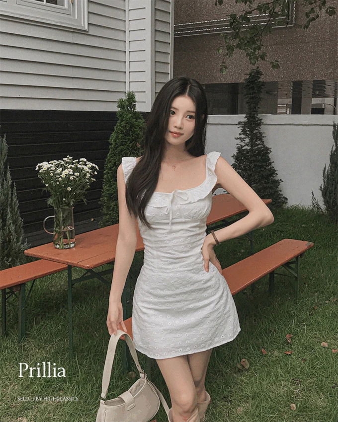 Frillia Unek Frill Ribbon Flower Punching Embroidery Banding Petticoat Sleeveless Mini Dress 短裙