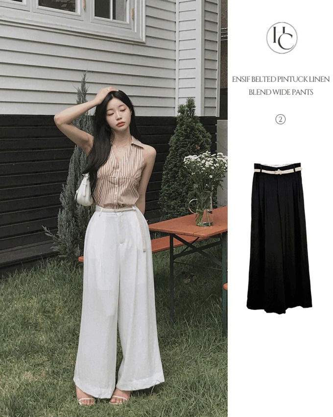 Ensiph high waist pin tuck chalang summer pants banding belt set linen wide long pants 長褲