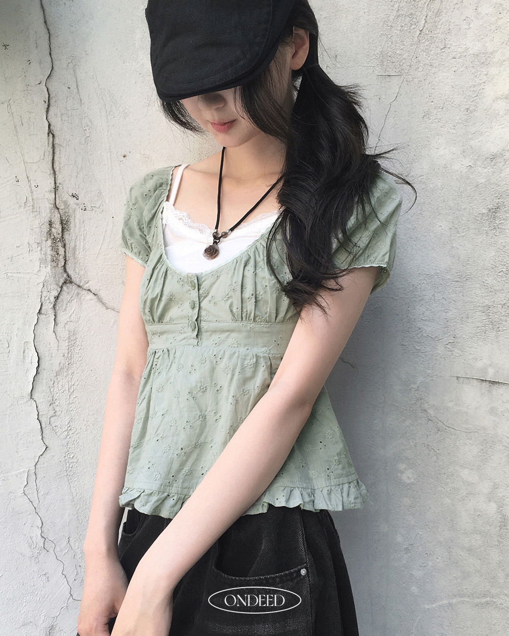 Kyou Vintage Flower Embroidery Frill Punching Short Sleeve Blouse