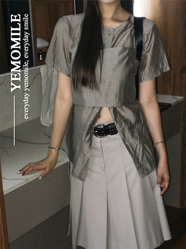 透膚短袖襯衫+背心套裝