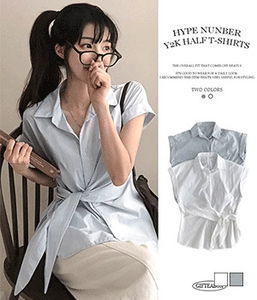 Yerifit one-shoulder side wrap knot short sleeve blouse roll-up shirt