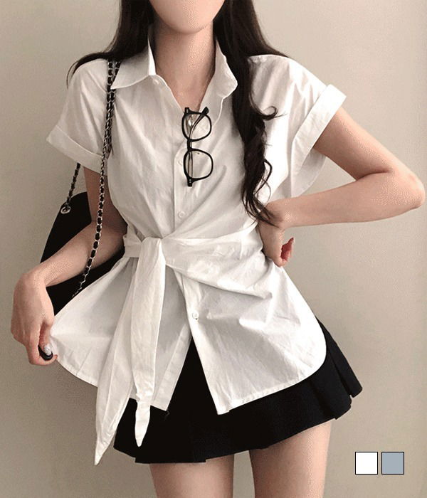Yerifit one-shoulder side wrap knot short sleeve blouse roll-up shirt