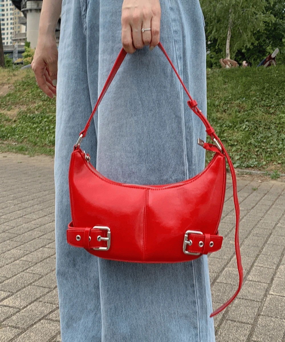 Belted Leather Denim Half Moon Bag Hobo Bag Shoulder Bag Crossbody Bag Adjustable Strap Daily Look Festival Look Ivory Red Blue Black