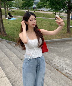 Flower embroidery punching crop sleeveless blouse lace ribbon strap shirring bean button chiffon sleeveless sleeveless summer summer date look ballet core ivory cream