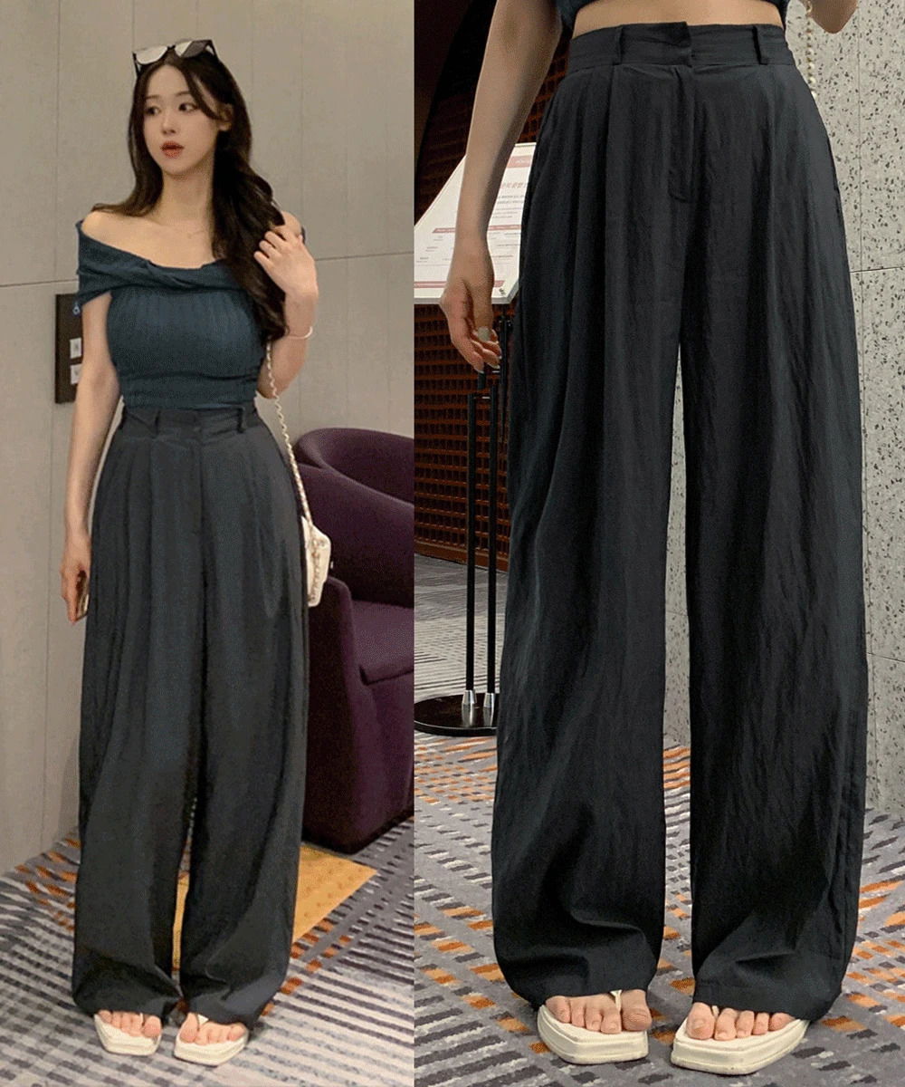 *Short & Basic & Long* Length selection COOL Summer rustling wide slacks Back banding High waist Two pin tucks Straight fit Semi-wide pants Summer Summer Cool refrigerator pants Short woman Tall woman