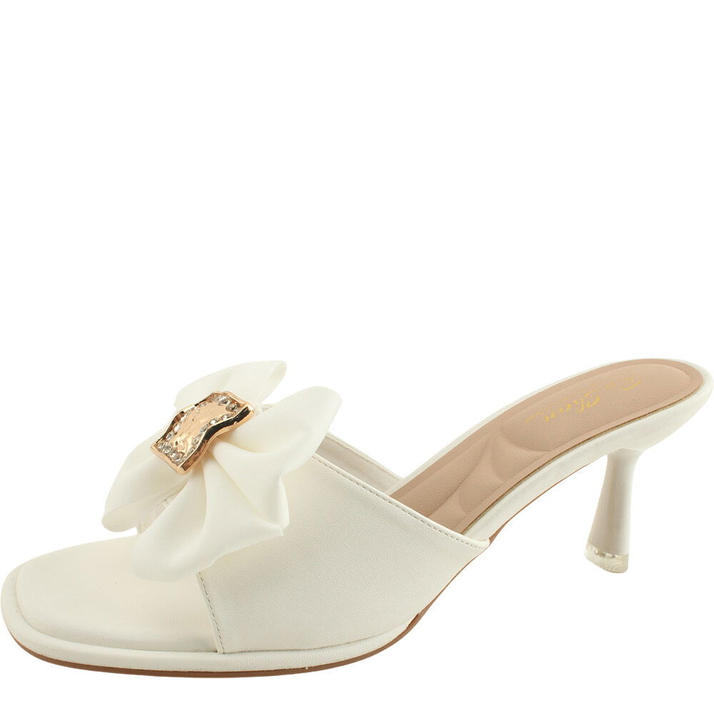 Cubic shirring ribbon mid heel mule slippers white