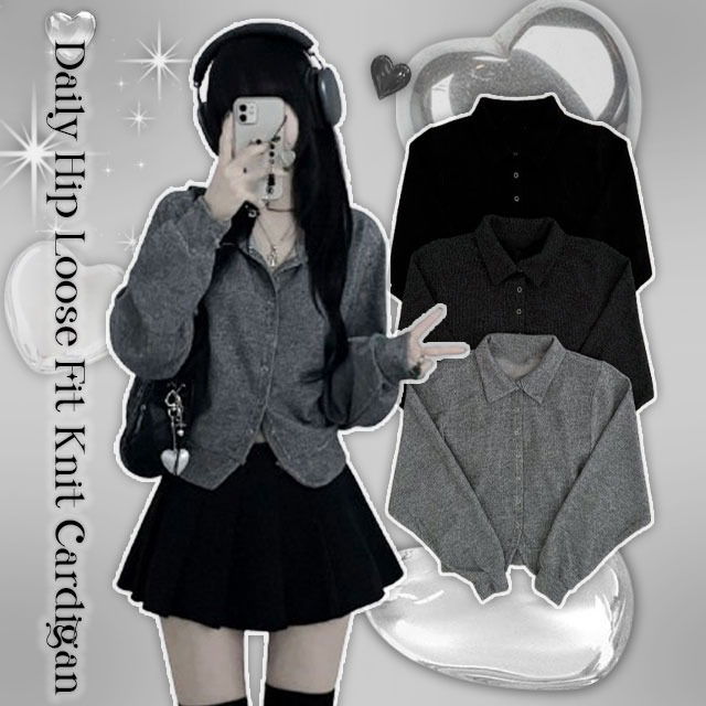 Spring version. Domestic production*Balloon collar Loose-fit Ribbed button cardigan
