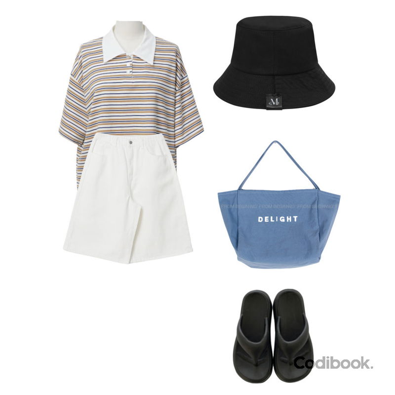 From Beginning 레이 빅숄더에코백 (5color),MUCENT SIGNATURE BUCKET HAT (2Color) 시그니처 코튼 버킷햇 (2컬러),JASMINBELL 7cm 통굽 러츠 비비드 컬러 7cm 통굽 쪼리 슬리퍼 키높이 여름신상 여름신발 여행룩 휴가룩등을 매치한 코디