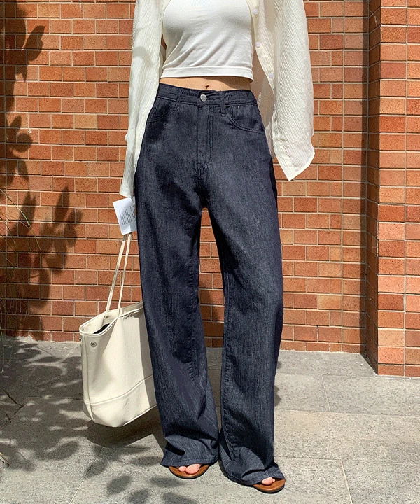 Linte Cooling Hidden Banding Back Pocket Team Wide Raw Denim Pants -2color