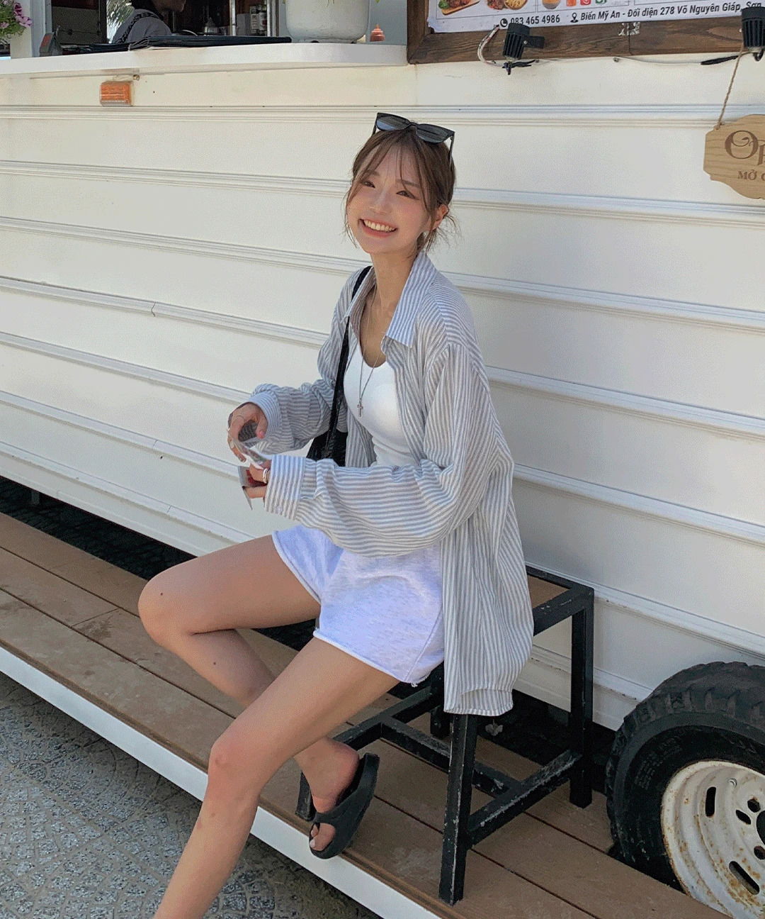 멜로 스트라이프 시어서커 얇은 린넨 시스루 오버핏 박시 셔츠