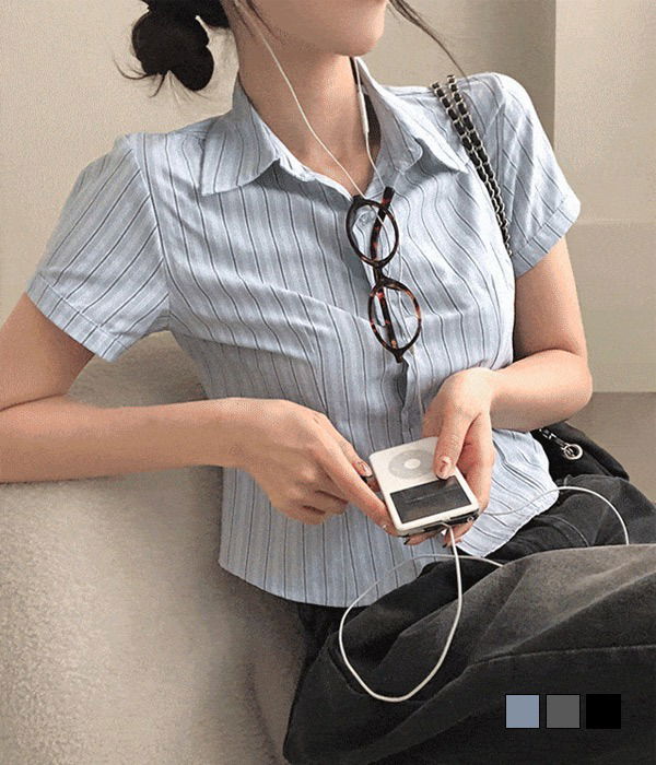 Pinstripe Sleeve Button Down Short Sleeve Crop Shirt
