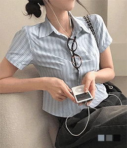 Pinstripe Sleeve Button Down Short Sleeve Crop Shirt