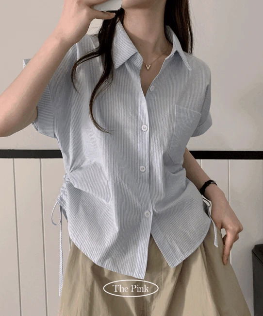 샬로 스트라이프 옆셔링 반팔 셔츠 남방 (4color) (인기상품 배송지연)