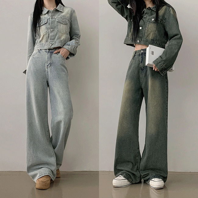 EP stitch Faded denim crop jacket + high waist wide pants set