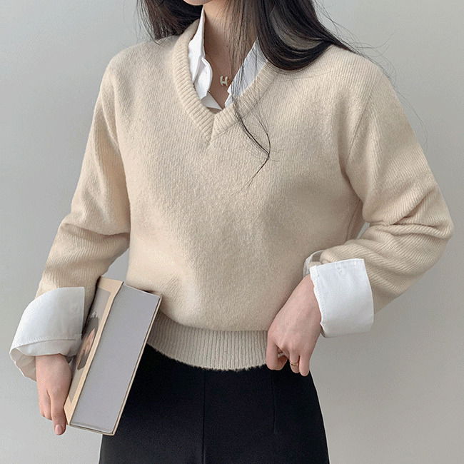 Hugging Loose-fit semi-crop V V-Neck long sleeve Knitwear 