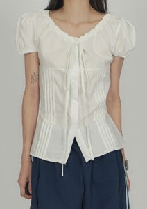 Back Ribbon Puff Pintuck Short Sleeve Blouse SH018