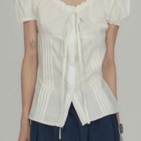 Back Ribbon Puff Pintuck Short Sleeve Blouse SH018