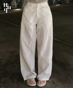 Zapper back banding rivet two way wide long pants -4 colors