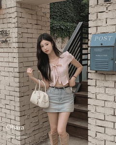 Ohara V-Neck Ribbon Puff Button Team Crop Short Sleeve Blouse