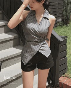 Joan Karaneck Stripe Buckle Wrap Uneven Hidden Strap Sleeveless Shirt