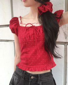 Harpole dot ribbon lace pin tuck frill back banding short sleeve off shoulder blouse