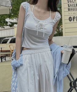 Inef Summer Layered Halter Neck Sleeveless Lace Eyelet Crop Sleeveless T-Shirt