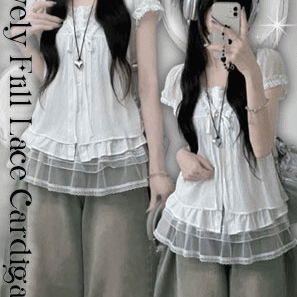 Poamuji Ribbon Frill Lace Double Short Sleeve Blouse Set
