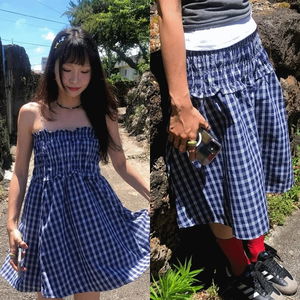 Hawaiian Smoke Banding Check Midi Skirt Summer Top Dress 2 Color Vacation Look