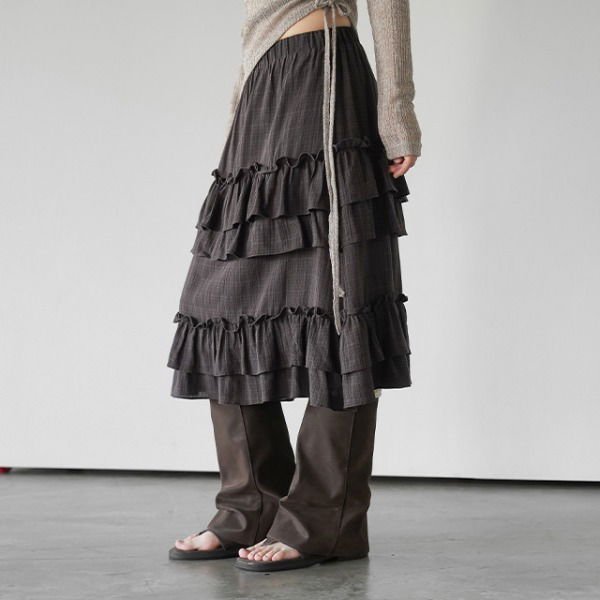 Twill Check Frill Midi Skirt