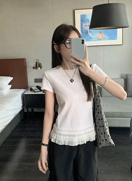 체노 밑단 프릴 반팔 티셔츠