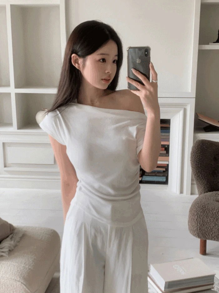 (팔뚝커버핏/단독) 원오프 셔링 언발 오프숄더 모달 스판 반팔 티셔츠 (4color)