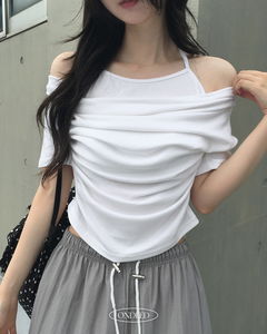 Wiki Halter Neck Off Shoulder Shirring Drape Layered Short Sleeve T-Shirt