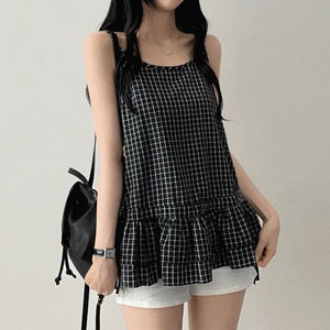 Zand Shirring Puff Check Sleeveless Strap Blouse