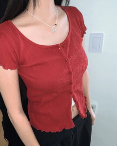Plain Wrinkle Wave Button Short Sleeve Cardigan