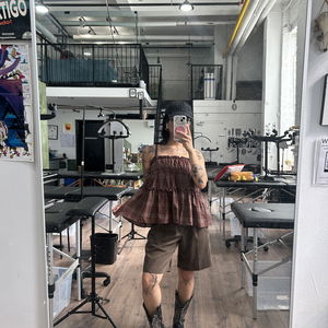 Big size 55-88 Kikitan check shirring tiered flare layered string sleeveless blouse resort look water balm drenched show