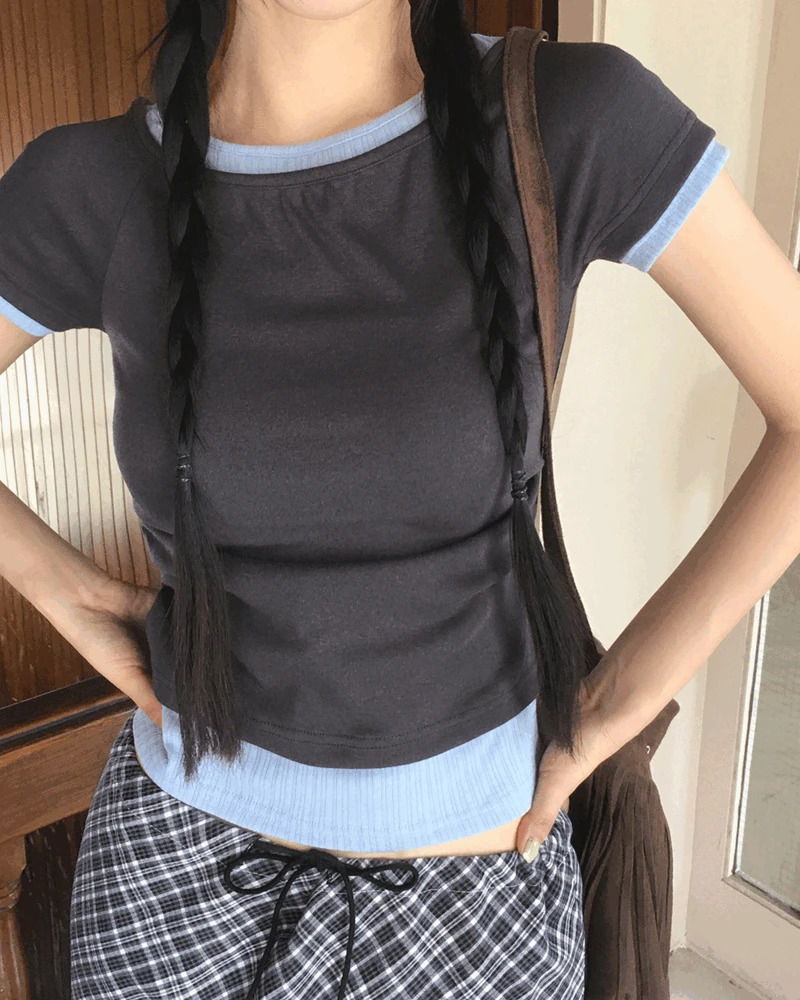 アンデカ配色シャーリングレイヤード半袖Tシャツ (人気商品配送遅延)