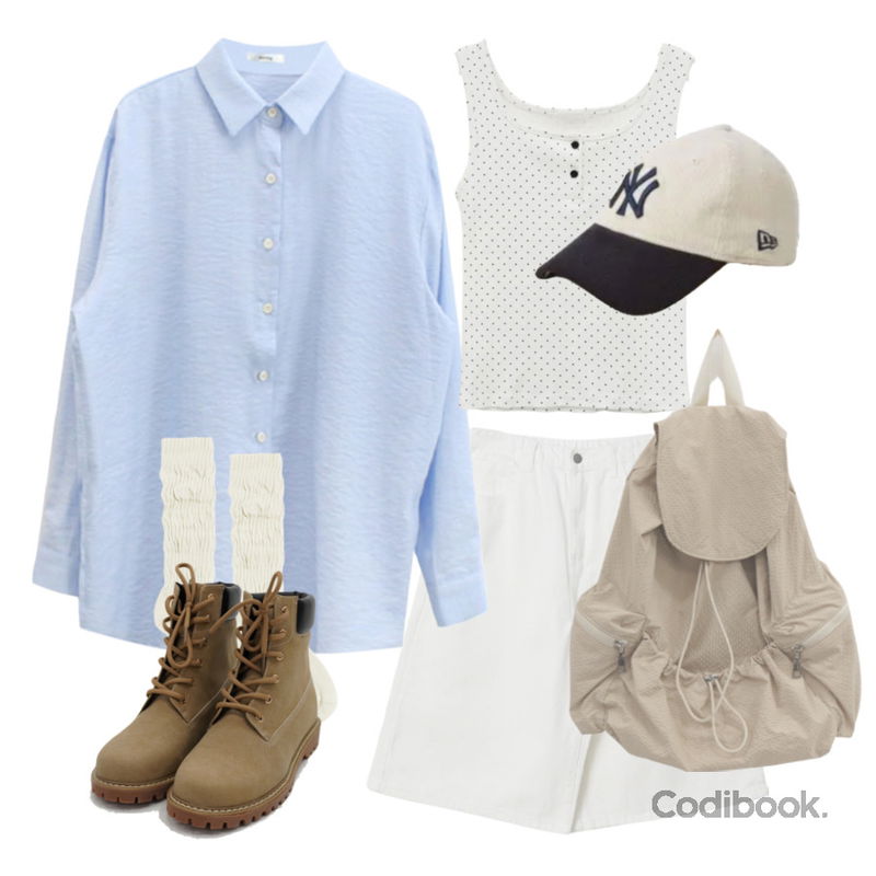 AAKE CREASE SOCKS (4color),DAILYJOU 컴다운 레이스업 워커 부츠,DAILYJOU 클래틴 데일리 투포켓 백팩등을 매치한 코디