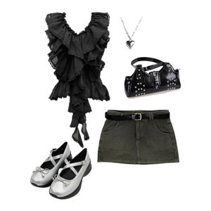 Kpop,Daily,Cute,blouse,black,ruffle,skirt,silver,denim,summer 코디