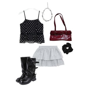 Kpop,Daily,Boots,Cute,Polkadot,skirt,blouse,summer,ruffle,black,white,gray 코디