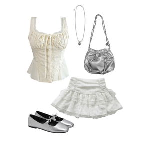 Kpop,Cute,skirt,summer,blouse,ribbon,feminine,date,daily,white,silver 코디