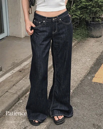 페이션 로우라이즈 스티치 논페이드 생지 와이드 플레어 부츠컷 청바지 여름 데님 롱 팬츠