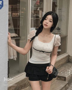 優雅方領蕾絲花朵網紗澎袖絲絨緞帶修身短袖上衣