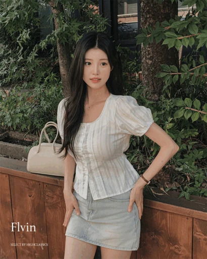 플빈 스퀘어넥 레이스 셔링 퍼프 밴딩소매 허리끈 백스트랩 시스루 반팔 블라우스